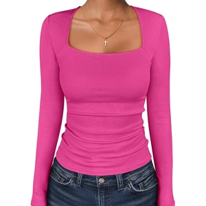 image:imageANRABESS Long Sleeve Shirts for Women Square Neck Tops Ribbed Knit Slim Fit Basic Tee Going Out Fall Fashion ClothingHot Pink