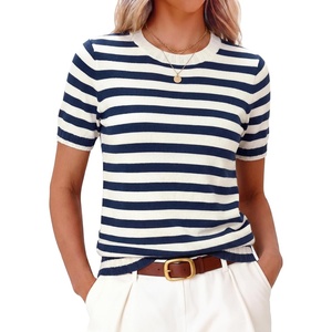 image:imageANRABESS Long Sleeve Sweater for Women Scoop Neck Casual Lightweight Ribbed Knit Pullover Tops 2026 OutfitsBlue White Stripe
