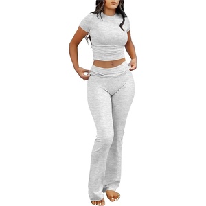 image:imageANRABESS Lounge Sets for Women 2 Piece Foldover Yoga Flare Leggings Pants Crop Tops Casual Y2K Outfits Matching Tracksuit SetLight Grey