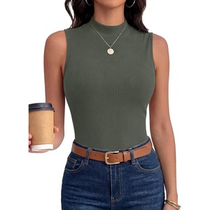 image:imageANRABESS Mock Neck Tops for Women Basic Soft Ribbed Slim Tank Tops Comfy for Yoga Lounge amp Office Versatile Summer ShirtArmy Green