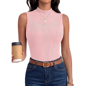 image:imageANRABESS Mock Neck Tops for Women Basic Soft Ribbed Slim Tank Tops Comfy for Yoga Lounge amp Office Versatile Summer ShirtBright Pink