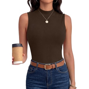 image:imageANRABESS Mock Neck Tops for Women Basic Soft Ribbed Slim Tank Tops Comfy for Yoga Lounge amp Office Versatile Summer ShirtCoffee