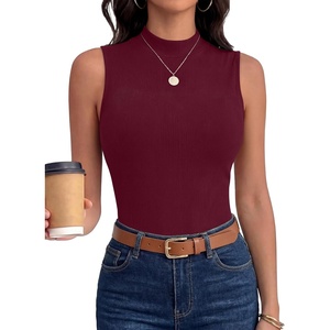 image:imageANRABESS Mock Neck Tops for Women Basic Soft Ribbed Slim Tank Tops Comfy for Yoga Lounge amp Office Versatile Summer ShirtDeep Red