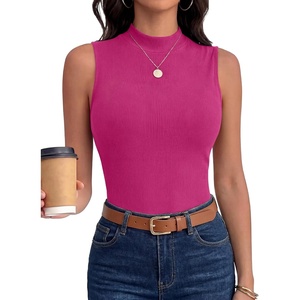image:imageANRABESS Mock Neck Tops for Women Basic Soft Ribbed Slim Tank Tops Comfy for Yoga Lounge amp Office Versatile Summer ShirtHot Pink