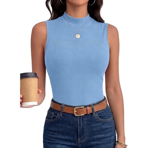 image:imageANRABESS Mock Neck Tops for Women Basic Soft Ribbed Slim Tank Tops Comfy for Yoga Lounge amp Office Versatile Summer ShirtLight Blue