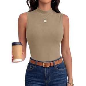 image:imageANRABESS Mock Neck Tops for Women Basic Soft Ribbed Slim Tank Tops Comfy for Yoga Lounge amp Office Versatile Summer ShirtLight Khaki