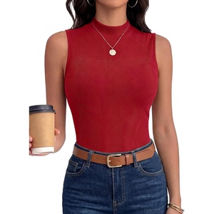 image:imageANRABESS Mock Neck Tops for Women Basic Soft Ribbed Slim Tank Tops Comfy for Yoga Lounge amp Office Versatile Summer ShirtRed