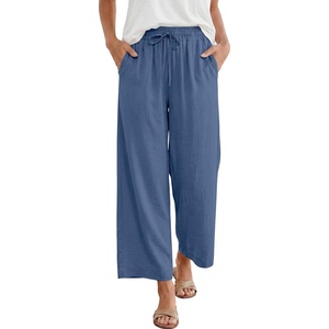 image:imageANRABESS Women Wide Leg Pants Summer Palazzo High Waisted Casual Loose Lounge Flowy Capri Cropped Beach Trousers Work OutfitsDeep Blue