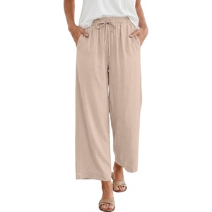 image:imageANRABESS Women Wide Leg Pants Summer Palazzo High Waisted Casual Loose Lounge Flowy Capri Cropped Beach Trousers Work OutfitsParchment