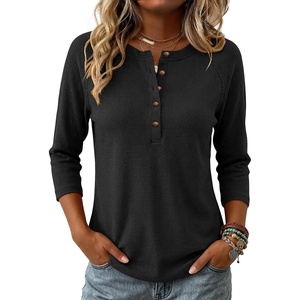 image:imageANRABESS Womens 34 Sleeve Length Waffle Knit Tops Dressy Casual V Neck Button Henley Shirts 2026 Spring Basic Tee ClothesBlack