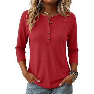 image:imageANRABESS Womens 34 Sleeve Length Waffle Knit Tops Dressy Casual V Neck Button Henley Shirts 2026 Spring Basic Tee ClothesBright Red