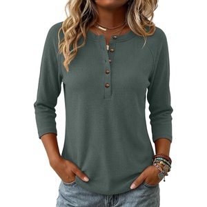 image:imageANRABESS Womens 34 Sleeve Length Waffle Knit Tops Dressy Casual V Neck Button Henley Shirts 2026 Spring Basic Tee ClothesDeep Army Green