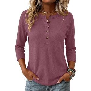 image:imageANRABESS Womens 34 Sleeve Length Waffle Knit Tops Dressy Casual V Neck Button Henley Shirts 2026 Spring Basic Tee ClothesMauve