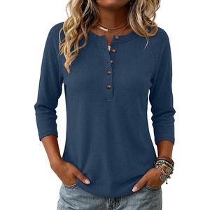 image:imageANRABESS Womens 34 Sleeve Length Waffle Knit Tops Dressy Casual V Neck Button Henley Shirts 2026 Spring Basic Tee ClothesNavy Blue