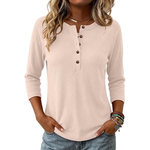 image:imageANRABESS Womens 34 Sleeve Length Waffle Knit Tops Dressy Casual V Neck Button Henley Shirts 2026 Spring Basic Tee ClothesParchment