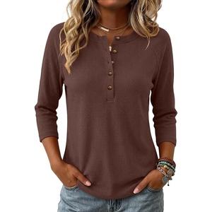 image:imageANRABESS Womens 34 Sleeve Length Waffle Knit Tops Dressy Casual V Neck Button Henley Shirts 2026 Spring Basic Tee ClothesRed Brown