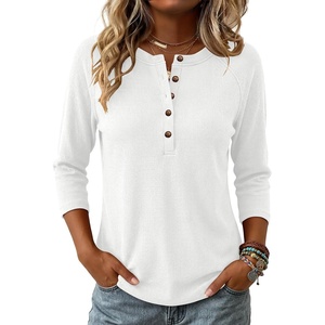 image:imageANRABESS Womens 34 Sleeve Length Waffle Knit Tops Dressy Casual V Neck Button Henley Shirts 2026 Spring Basic Tee ClothesWhite