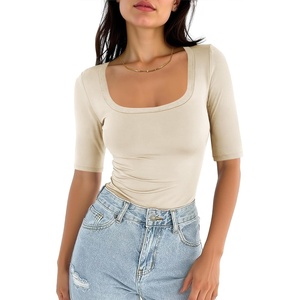 image:imageANRABESS Womens Half Sleeve Tops Square Neck Slim Fit TShirt Summer 2026 Fashion Casual Basic Tee Shirts Spring Work OutfitsParchment