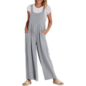 image:imageANRABESS Womens Jumpsuits Overalls Linen Wide Leg Jumpers Casual Summer Fall Outfits 2026 Beach Vacation Clothes with PocketsGrey