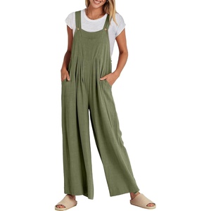 image:imageANRABESS Womens Jumpsuits Overalls Linen Wide Leg Jumpers Casual Summer Fall Outfits 2026 Beach Vacation Clothes with PocketsOlive