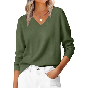 image:imageANRABESS Womens Long Sleeve V Neck Sweaters 2026 Fall Casual Classic Soft Loose Fit Basic Pullover Jumper TopArmy Green