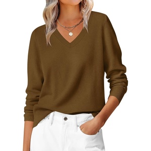 image:imageANRABESS Womens Long Sleeve V Neck Sweaters 2026 Fall Casual Classic Soft Loose Fit Basic Pullover Jumper TopCaramel