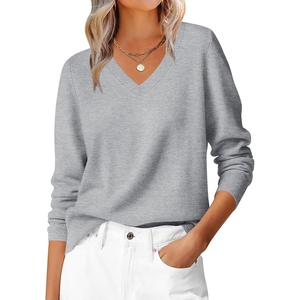 image:imageANRABESS Womens Long Sleeve V Neck Sweaters 2026 Fall Casual Classic Soft Loose Fit Basic Pullover Jumper TopLight Grey