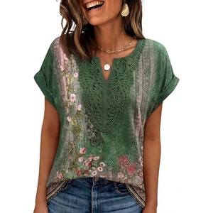 image:imageANRABESS Womens Short Sleeve Tops Boho V Neck Lace Shirts Dressy Casual Blouses Summer Cute Tunic 2026 Trendy Fashion ClothesFloral Print