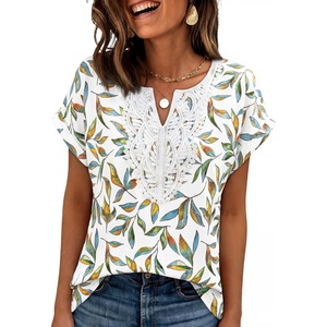 image:imageANRABESS Womens Short Sleeve Tops Boho V Neck Lace Shirts Dressy Casual Blouses Summer Cute Tunic 2026 Trendy Fashion ClothesLeaf Print