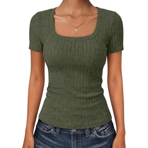 image:imageANRABESS Womens Square Neck Tops Soft Lightweight Rib Knit Sweater Short Sleeve Slim Fit Shirts Summer Casual Outfits 2026Army Green