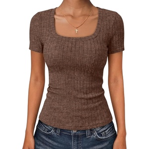 image:imageANRABESS Womens Square Neck Tops Soft Lightweight Rib Knit Sweater Short Sleeve Slim Fit Shirts Summer Casual Outfits 2026Brown