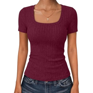 image:imageANRABESS Womens Square Neck Tops Soft Lightweight Rib Knit Sweater Short Sleeve Slim Fit Shirts Summer Casual Outfits 2026Burgundy