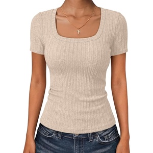 image:imageANRABESS Womens Square Neck Tops Soft Lightweight Rib Knit Sweater Short Sleeve Slim Fit Shirts Summer Casual Outfits 2026Light Khaki