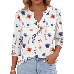 image:imageANRABESS Womens Tops 34 Sleeve Casual Henley Shirts V Neck Buttons Dressy Work Business Blouses 2026 Spring Trendy ClothesFlower