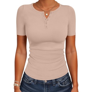 image:imageANRABESS Womens Tops Short Sleeve Henley Shirts 2026 Summer Ribbed Slim Fit Basic Casual Tee Blouse Trendy Spring ClothingBeige