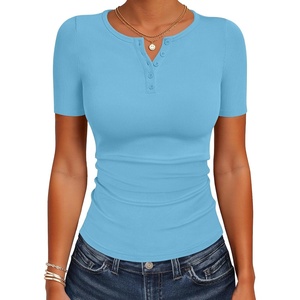 image:imageANRABESS Womens Tops Short Sleeve Henley Shirts 2026 Summer Ribbed Slim Fit Basic Casual Tee Blouse Trendy Spring ClothingBlue