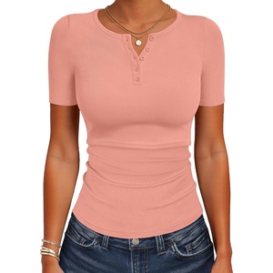 image:imageANRABESS Womens Tops Short Sleeve Henley Shirts 2026 Summer Ribbed Slim Fit Basic Casual Tee Blouse Trendy Spring ClothingCoral