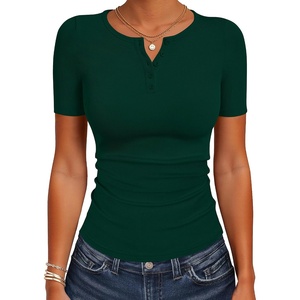 image:imageANRABESS Womens Tops Short Sleeve Henley Shirts 2026 Summer Ribbed Slim Fit Basic Casual Tee Blouse Trendy Spring ClothingDeep Green