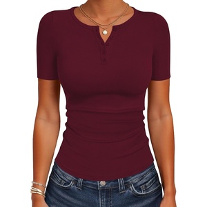 image:imageANRABESS Womens Tops Short Sleeve Henley Shirts 2026 Summer Ribbed Slim Fit Basic Casual Tee Blouse Trendy Spring ClothingDeep Red