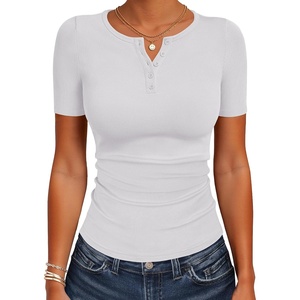 image:imageANRABESS Womens Tops Short Sleeve Henley Shirts 2026 Summer Ribbed Slim Fit Basic Casual Tee Blouse Trendy Spring ClothingWhite