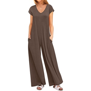 image:imageANRABESS Jumpsuits for Women 2026 Summer Casual Loose Cap Sleeve Crewneck Wide Leg Rompers Jumper One Piece Beach OutfitsBrown