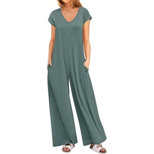 image:imageANRABESS Jumpsuits for Women 2026 Summer Casual Loose Cap Sleeve Crewneck Wide Leg Rompers Jumper One Piece Beach OutfitsGreen