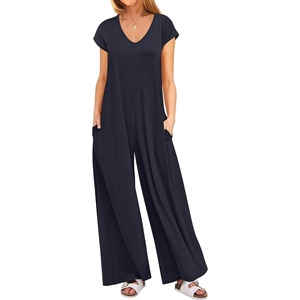 image:imageANRABESS Jumpsuits for Women 2026 Summer Casual Loose Cap Sleeve Crewneck Wide Leg Rompers Jumper One Piece Beach OutfitsNavy Blue