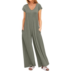 image:imageANRABESS Jumpsuits for Women 2026 Summer Casual Loose Cap Sleeve Crewneck Wide Leg Rompers Jumper One Piece Beach OutfitsOlive