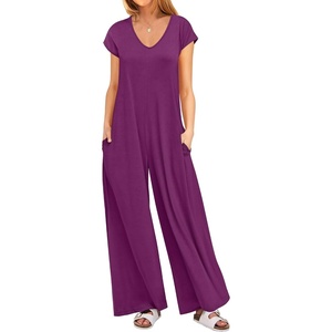 image:imageANRABESS Jumpsuits for Women 2026 Summer Casual Loose Cap Sleeve Crewneck Wide Leg Rompers Jumper One Piece Beach OutfitsPurple Red