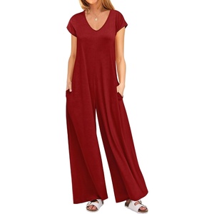 image:imageANRABESS Jumpsuits for Women 2026 Summer Casual Loose Cap Sleeve Crewneck Wide Leg Rompers Jumper One Piece Beach OutfitsWine Red