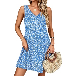 image:imageANRABESS Summer Dress for WomenV Neck Sleeveless SundressLoose FitSoft Travel Vacation OutfitsCute Beach Cover Up ClothesBlue White Floral