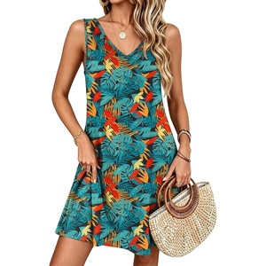 image:imageANRABESS Summer Dress for WomenV Neck Sleeveless SundressLoose FitSoft Travel Vacation OutfitsCute Beach Cover Up ClothesOrange Red Blue Leaf