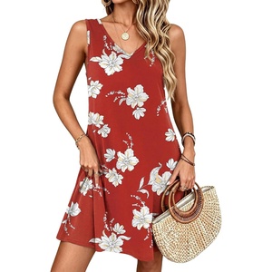 image:imageANRABESS Summer Dress for WomenV Neck Sleeveless SundressLoose FitSoft Travel Vacation OutfitsCute Beach Cover Up ClothesRed White Floral