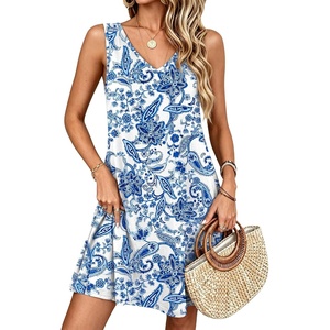 image:imageANRABESS Summer Dress for WomenV Neck Sleeveless SundressLoose FitSoft Travel Vacation OutfitsCute Beach Cover Up ClothesWhite Blue Print